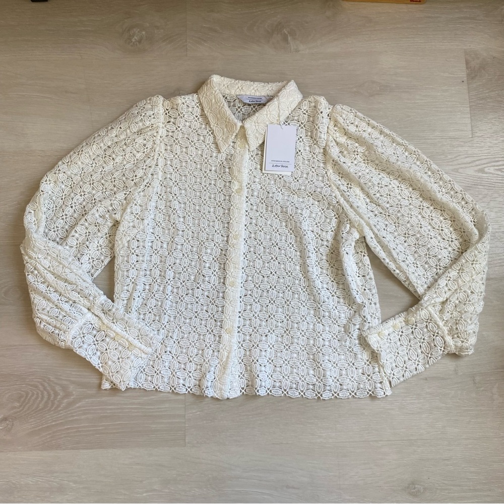 & Other Stories Lace Blouse Puff Sleeve Romantic Sheer Top US 10 NWT